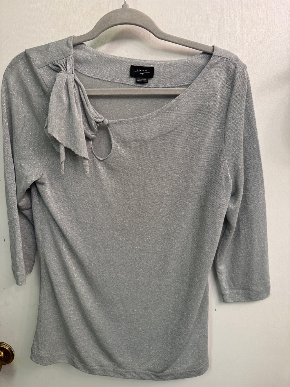 Deletta Silver Knit Long Sleeve Top with Tied Keyhole